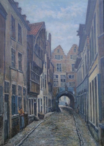 Schilderij van F. Brosens met een brug